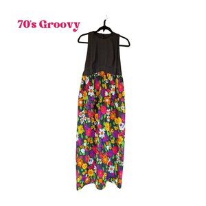Vintage 70's Handmade Bright Floral Maxi Halter Dress Size Small